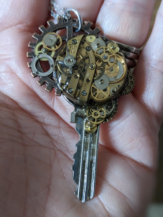 Upcycled Door Key Pendant with Vintage Watchparts