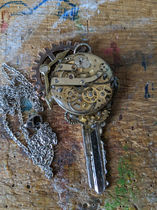 Upcycled Door Key Pendant With Vintage Watchparts