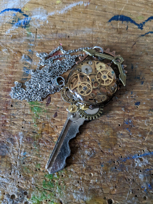 Upcycled Door Key Pendant With Vintage Watchparts