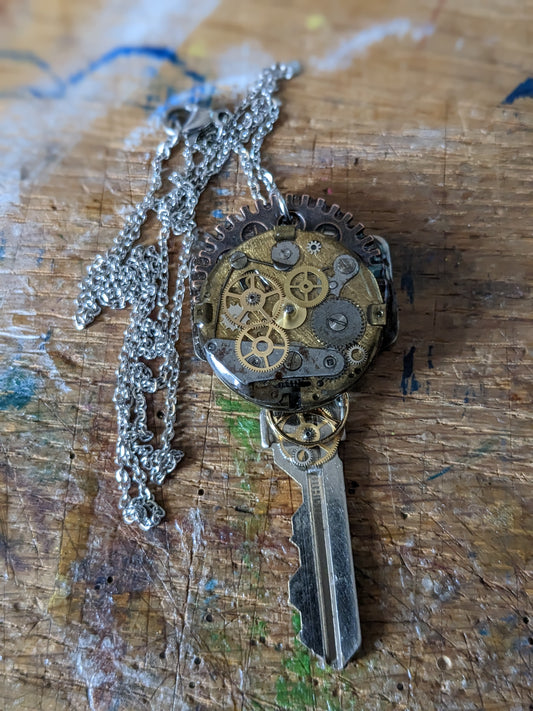 Upcycled Door Key Pendant With Vintage Watchparts