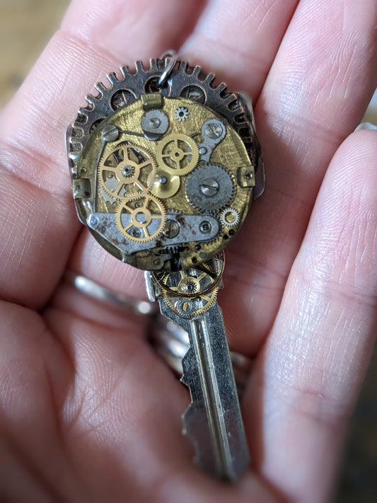 Upcycled Door Key Pendant With Vintage Watchparts