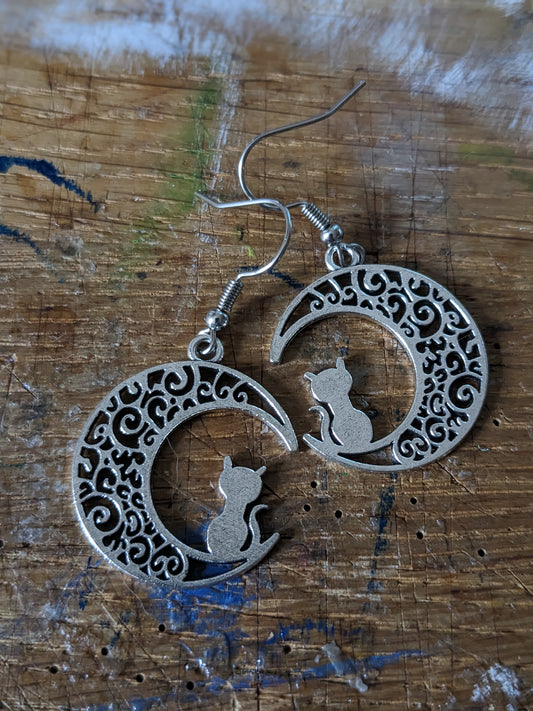 Silver Tone Filigree Moon and Cat Earrings