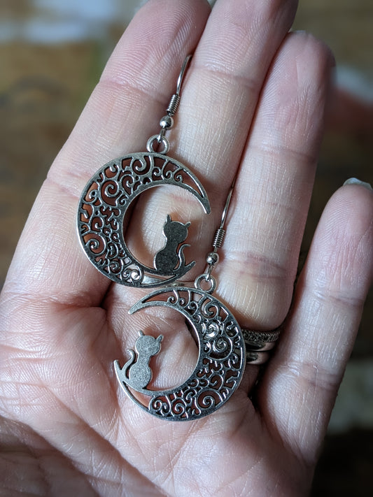 Silver Tone Filigree Moon and Cat Earrings