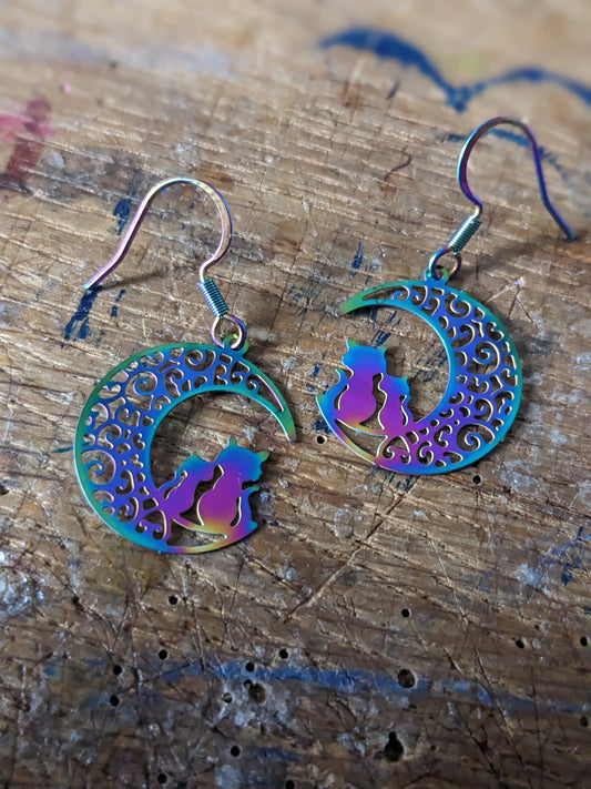 Titanium Tone Filigree Moon and Cat Earrings
