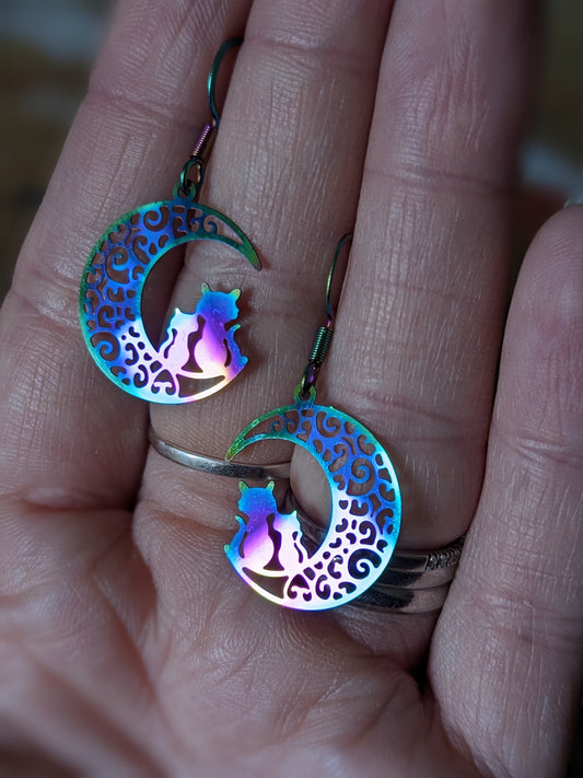 Titanium Tone Filigree Moon and Cat Earrings