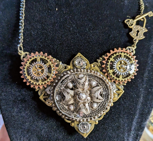 Antique Filigree and Watch Part Necklace